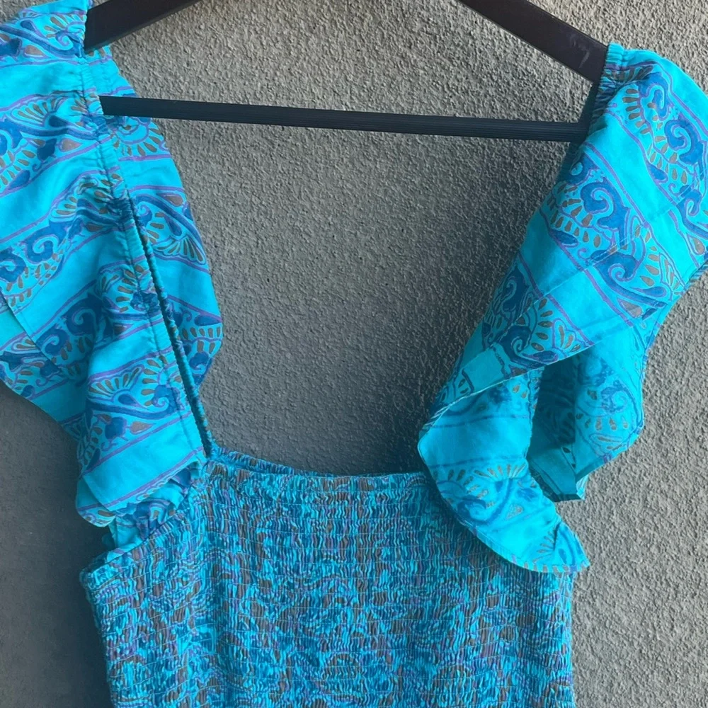 Cleobella Blue Floral Smocked Midi Dress with Puff Shoulders